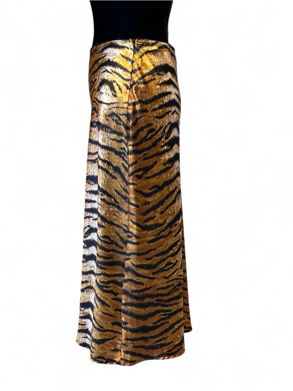 Haute Monde Tiger-Print Satin Midi Skirt M- Gold & Black W/Side Zipper & Elastic - Picture 3 of 7